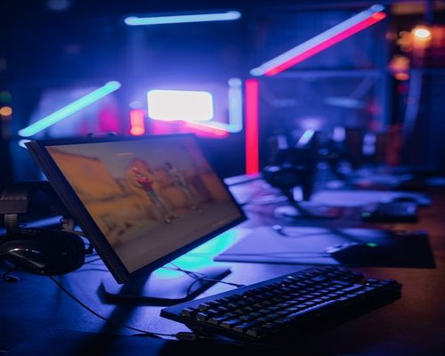 Detail of high-end gaming technology and glowing keyboard