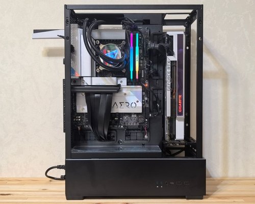 High performance water-cooled gaming PC inside a glass chassis